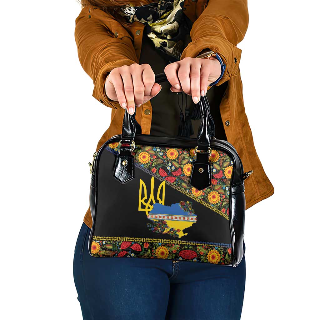 Petrykivka Ukrainian Folk Pattern Shoulder Handbag Golden Trident With Map