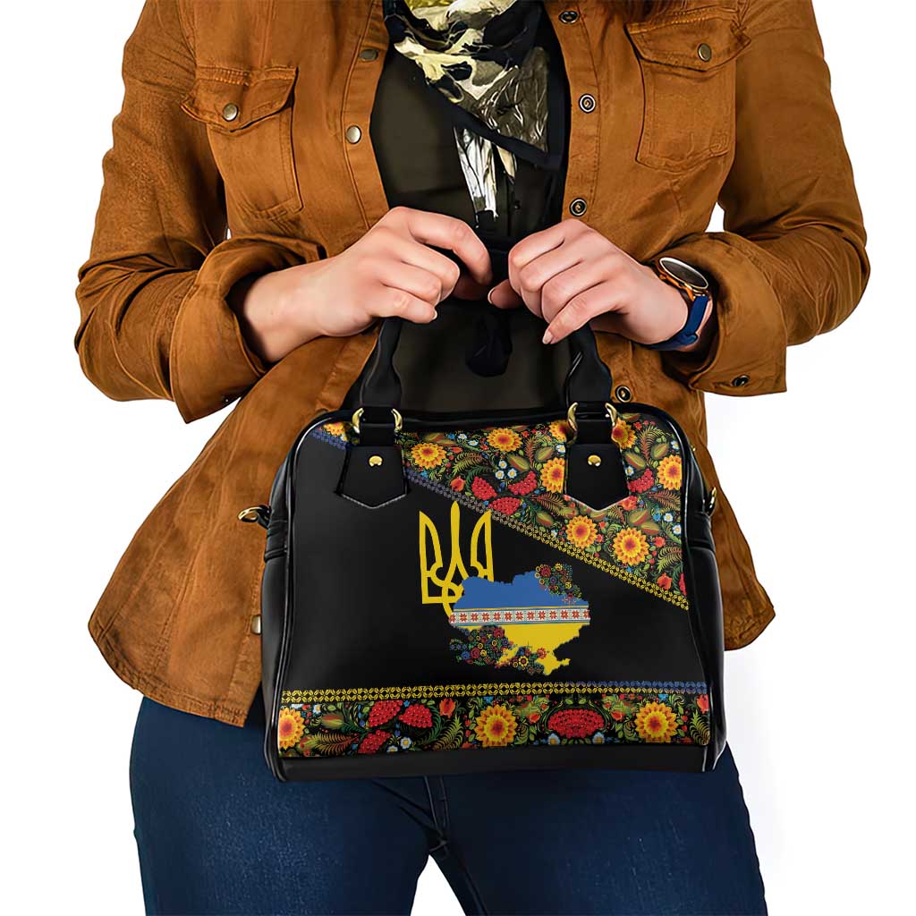 Petrykivka Ukrainian Folk Pattern Shoulder Handbag Golden Trident With Map