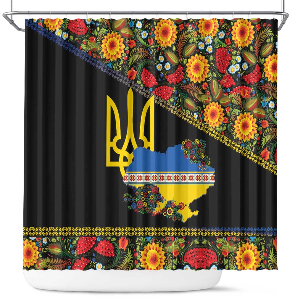 Petrykivka Ukrainian Folk Pattern Shower Curtain Golden Trident With Map