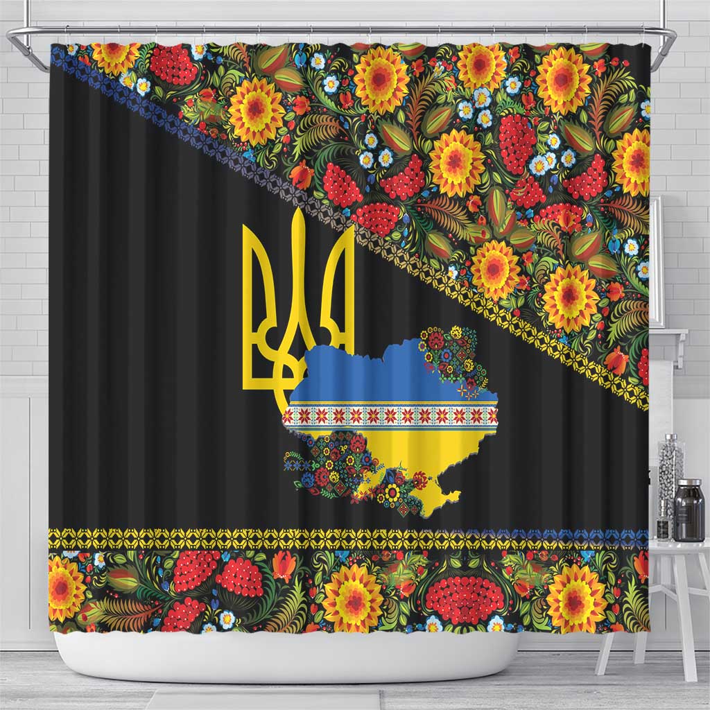 Petrykivka Ukrainian Folk Pattern Shower Curtain Golden Trident With Map