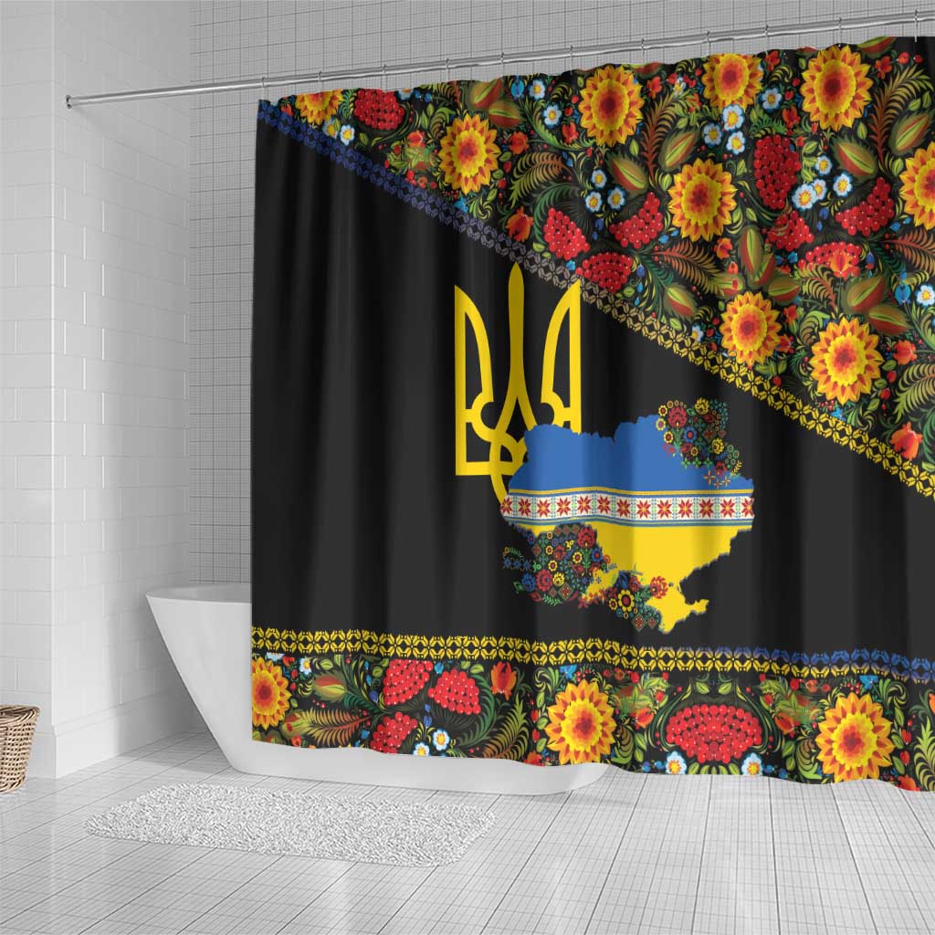 Petrykivka Ukrainian Folk Pattern Shower Curtain Golden Trident With Map
