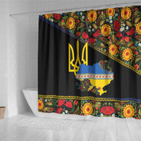 Petrykivka Ukrainian Folk Pattern Shower Curtain Golden Trident With Map