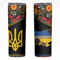 Petrykivka Ukrainian Folk Pattern Skinny Tumbler Golden Trident With Map