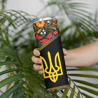 Petrykivka Ukrainian Folk Pattern Skinny Tumbler Golden Trident With Map
