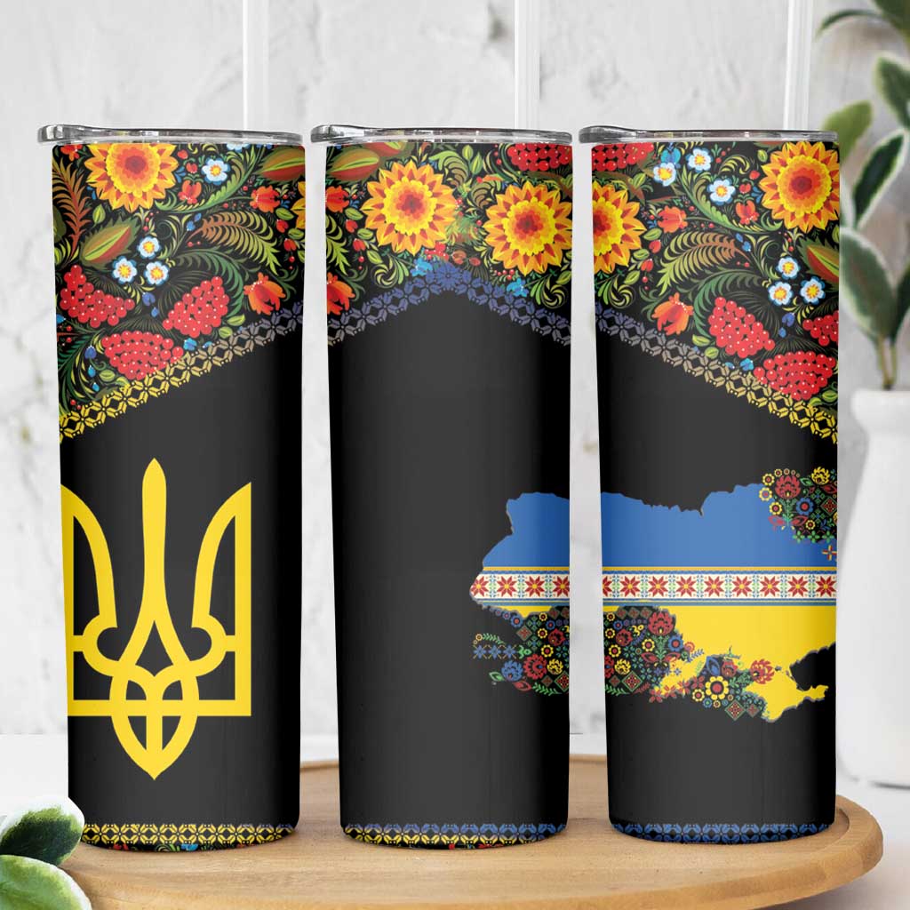 Petrykivka Ukrainian Folk Pattern Skinny Tumbler Golden Trident With Map