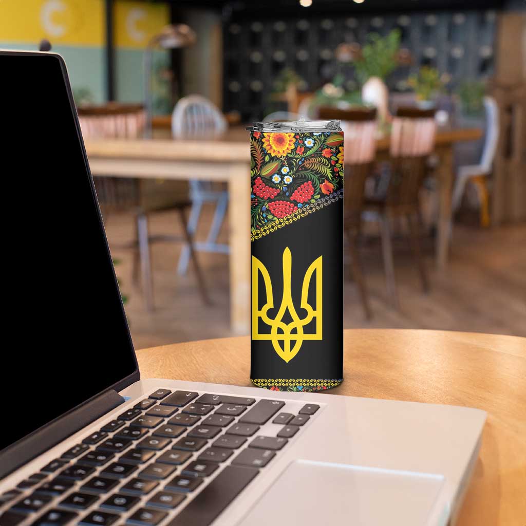 Petrykivka Ukrainian Folk Pattern Skinny Tumbler Golden Trident With Map