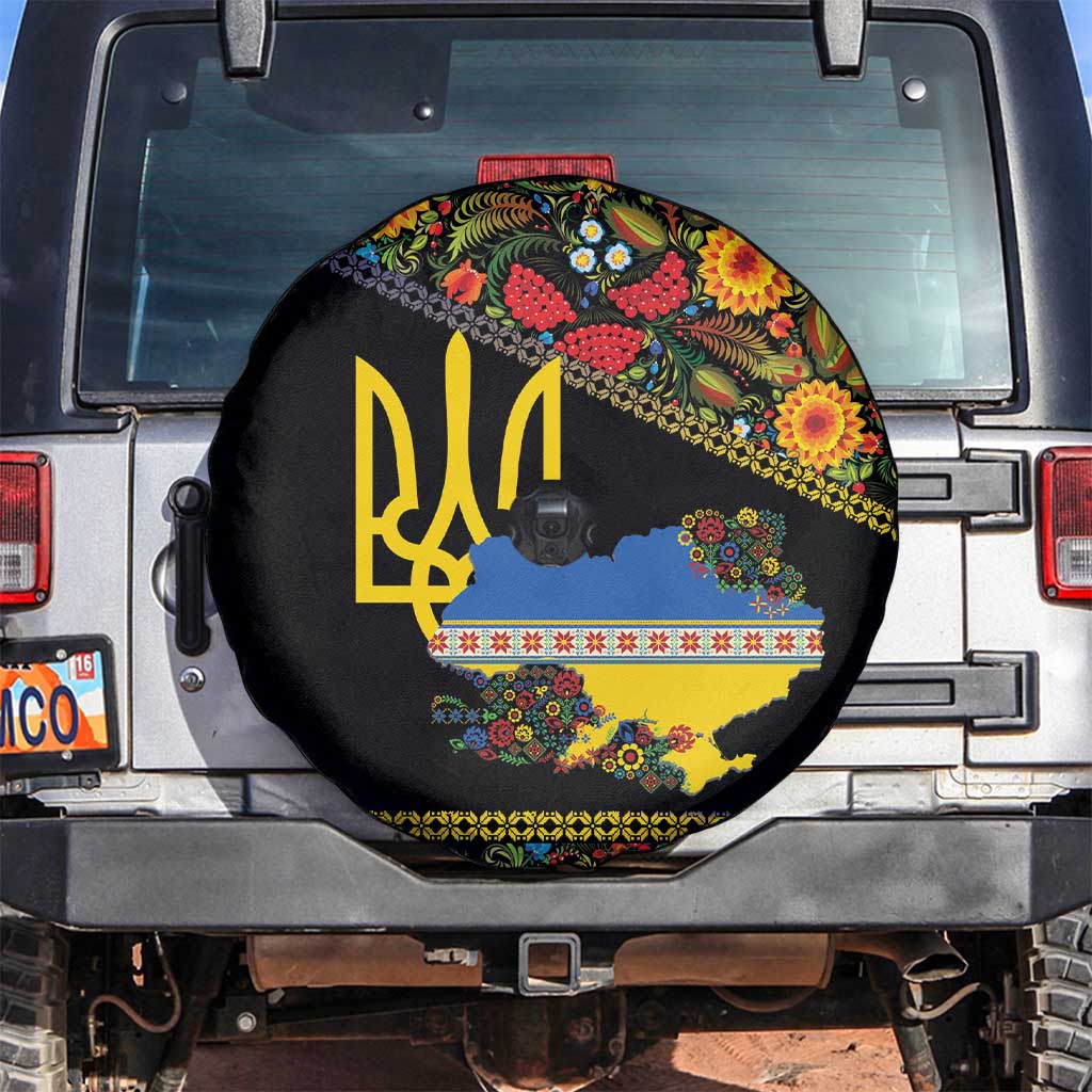 Petrykivka Ukrainian Folk Pattern Spare Tire Cover Golden Trident With Map