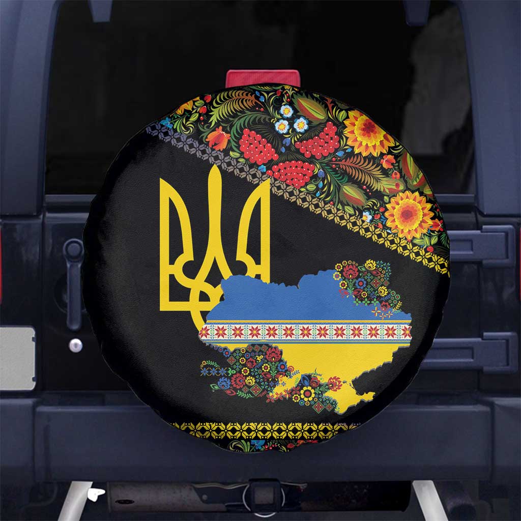 Petrykivka Ukrainian Folk Pattern Spare Tire Cover Golden Trident With Map