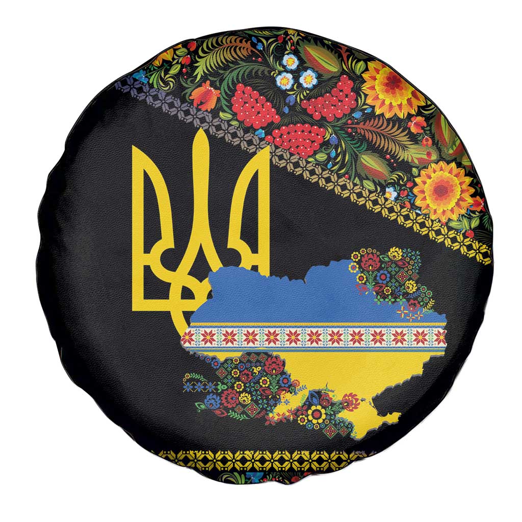 Petrykivka Ukrainian Folk Pattern Spare Tire Cover Golden Trident With Map