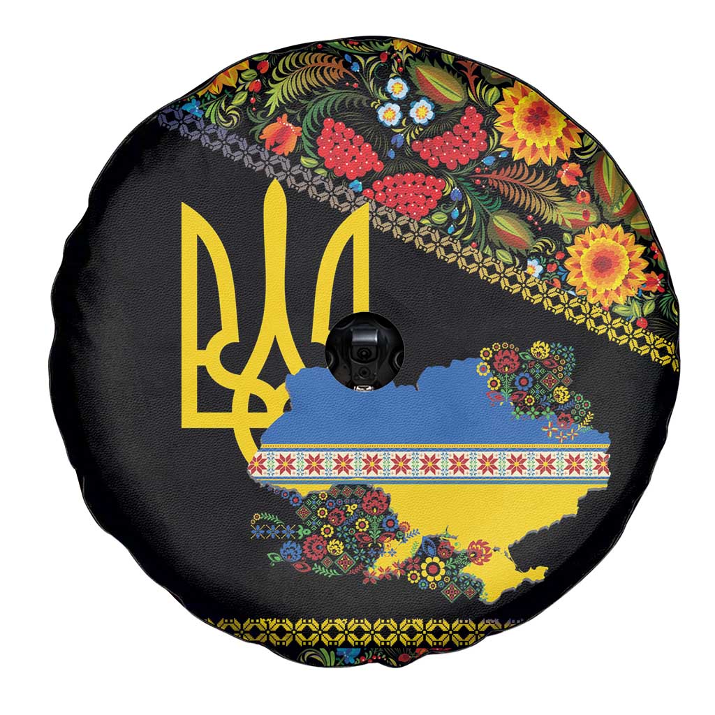 Petrykivka Ukrainian Folk Pattern Spare Tire Cover Golden Trident With Map