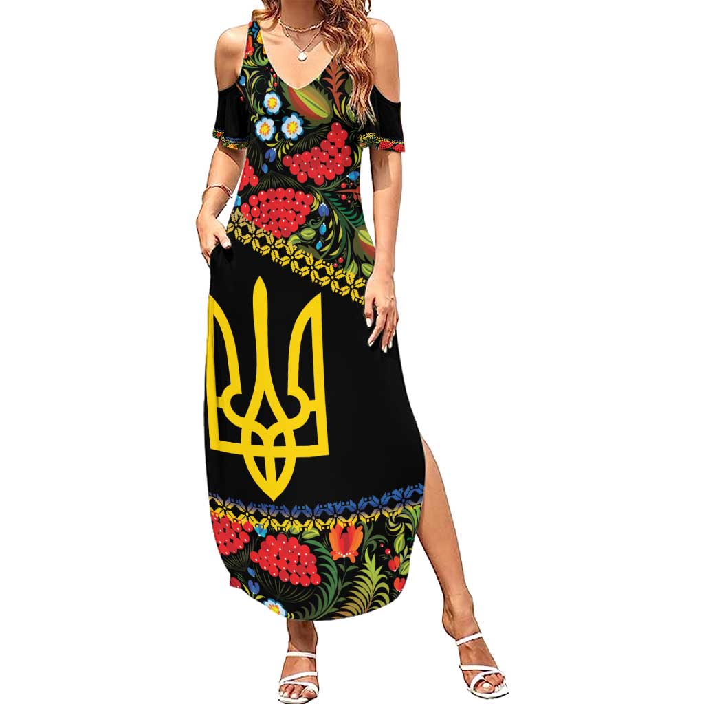 Petrykivka Ukrainian Folk Pattern Summer Maxi Dress Golden Trident With Map