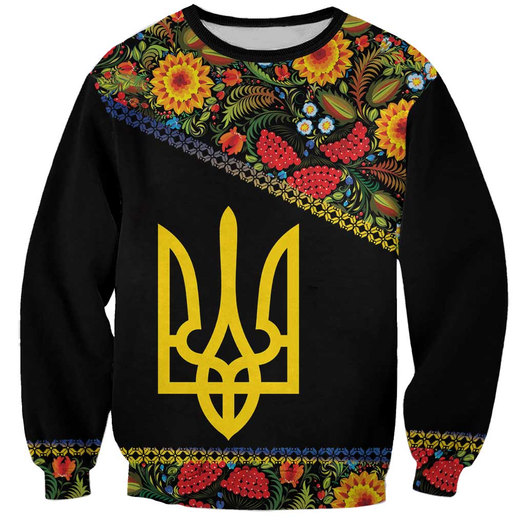 Petrykivka Ukrainian Folk Pattern Sweatshirt Golden Trident With Map
