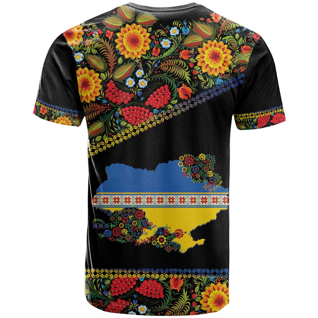 Petrykivka Ukrainian Folk Pattern T Shirt Golden Trident With Map