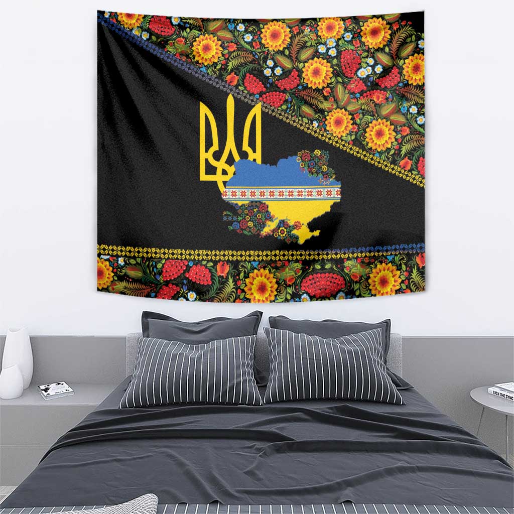 Petrykivka Ukrainian Folk Pattern Tapestry Golden Trident With Map
