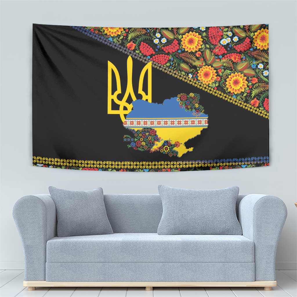 Petrykivka Ukrainian Folk Pattern Tapestry Golden Trident With Map