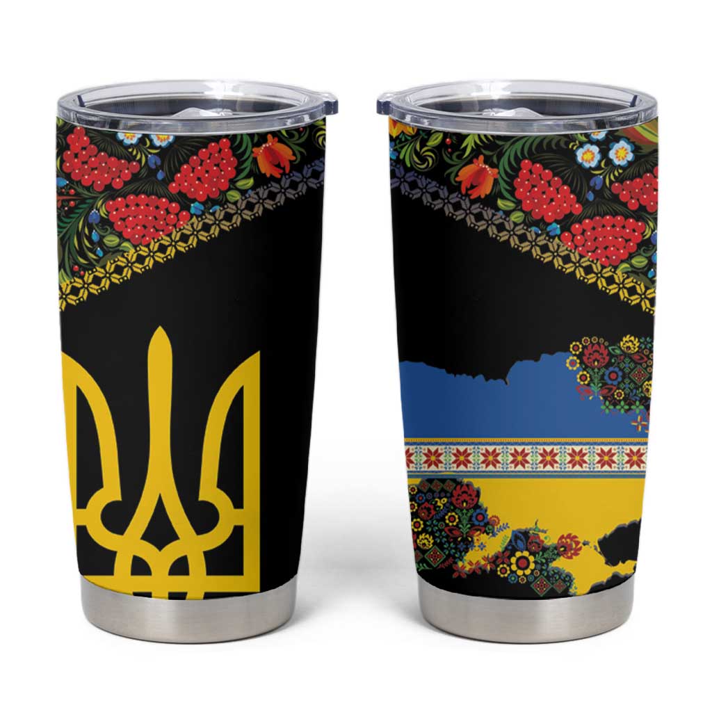 Petrykivka Ukrainian Folk Pattern Tumbler Cup Golden Trident With Map