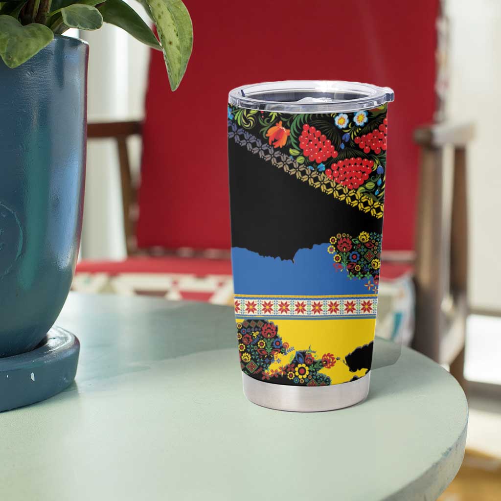 Petrykivka Ukrainian Folk Pattern Tumbler Cup Golden Trident With Map