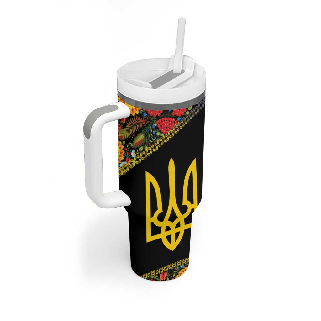 Petrykivka Ukrainian Folk Pattern Tumbler With Handle Golden Trident With Map