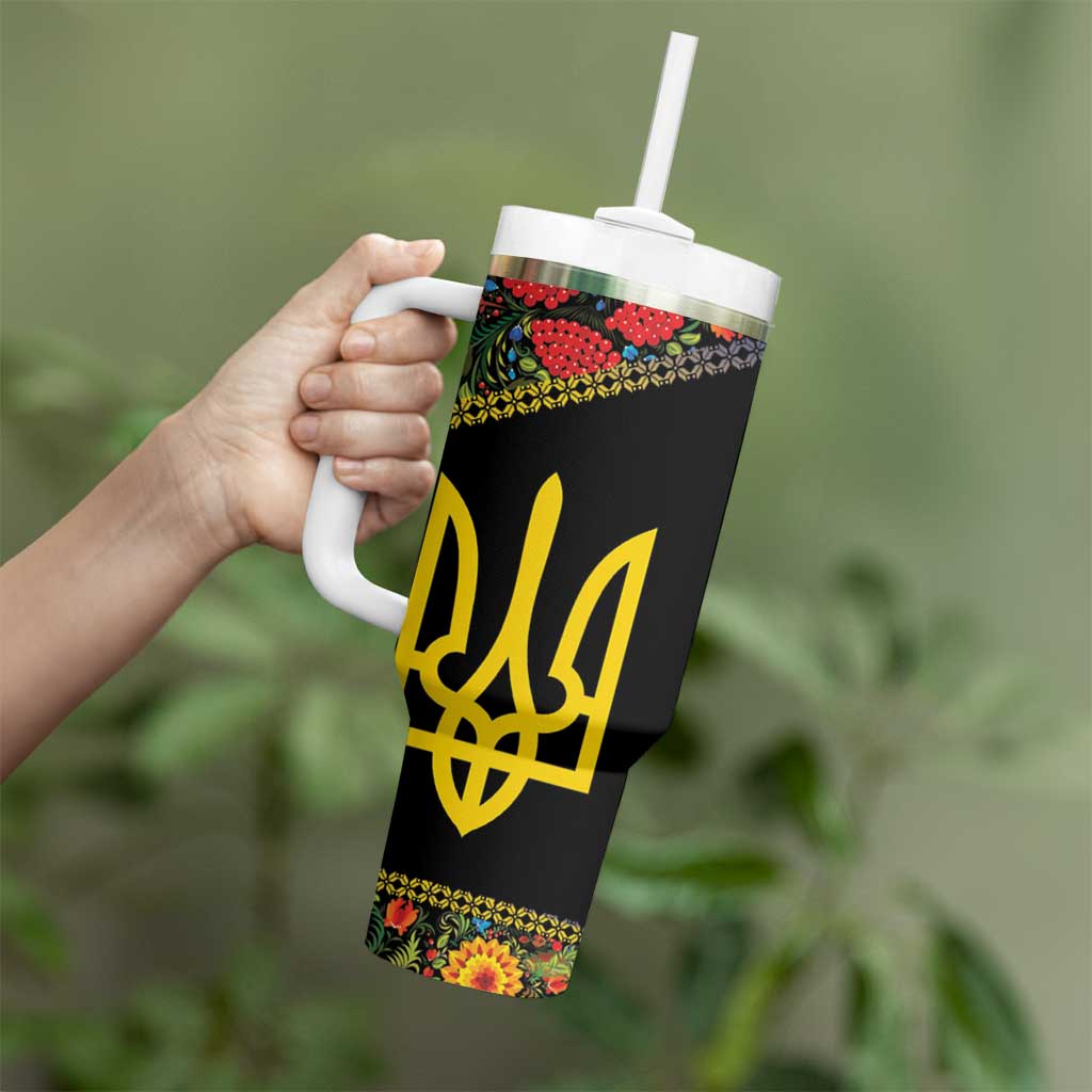 Petrykivka Ukrainian Folk Pattern Tumbler With Handle Golden Trident With Map
