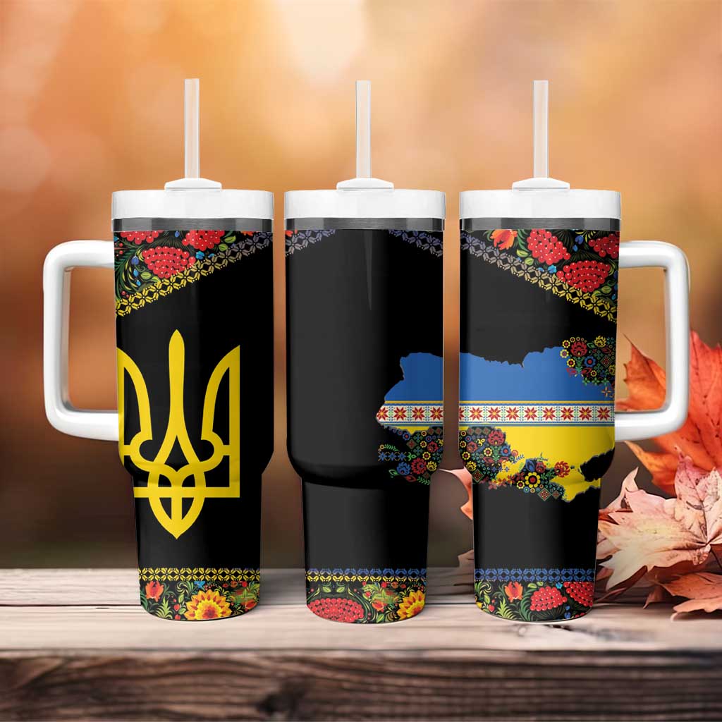 Petrykivka Ukrainian Folk Pattern Tumbler With Handle Golden Trident With Map