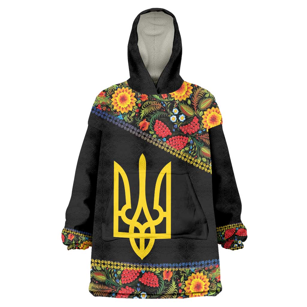 Petrykivka Ukrainian Folk Pattern Wearable Blanket Hoodie Golden Trident With Map
