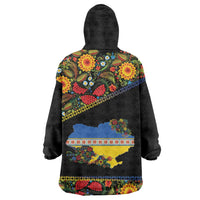 Petrykivka Ukrainian Folk Pattern Wearable Blanket Hoodie Golden Trident With Map