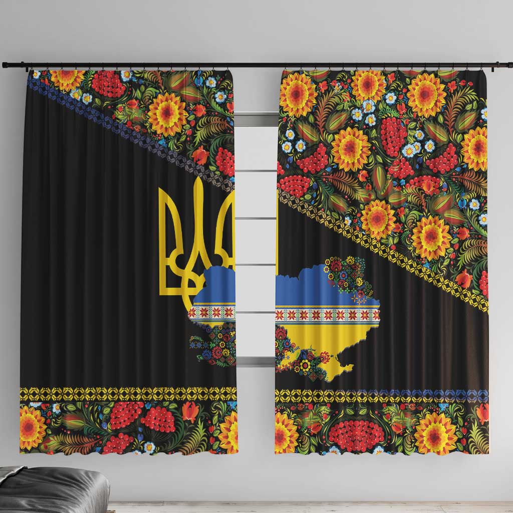 Petrykivka Ukrainian Folk Pattern Window Curtain Golden Trident With Map