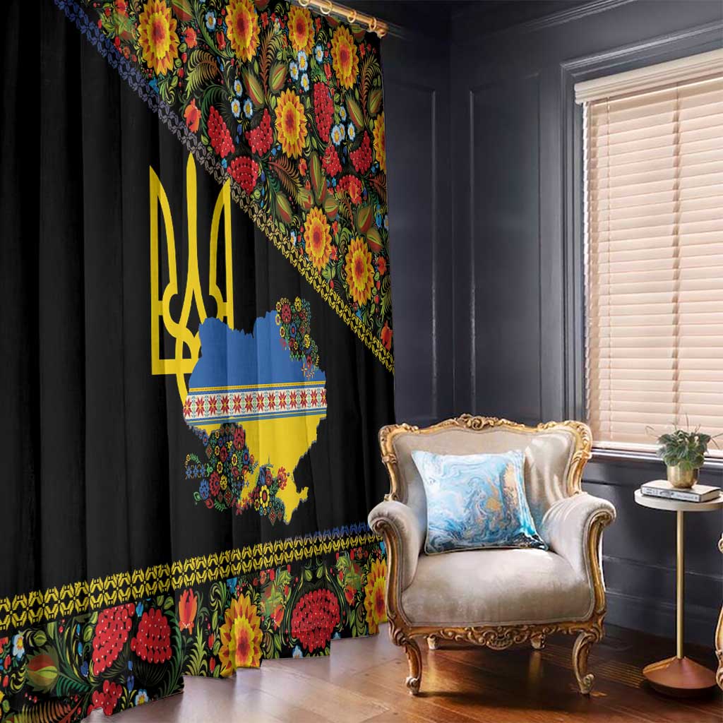 Petrykivka Ukrainian Folk Pattern Window Curtain Golden Trident With Map