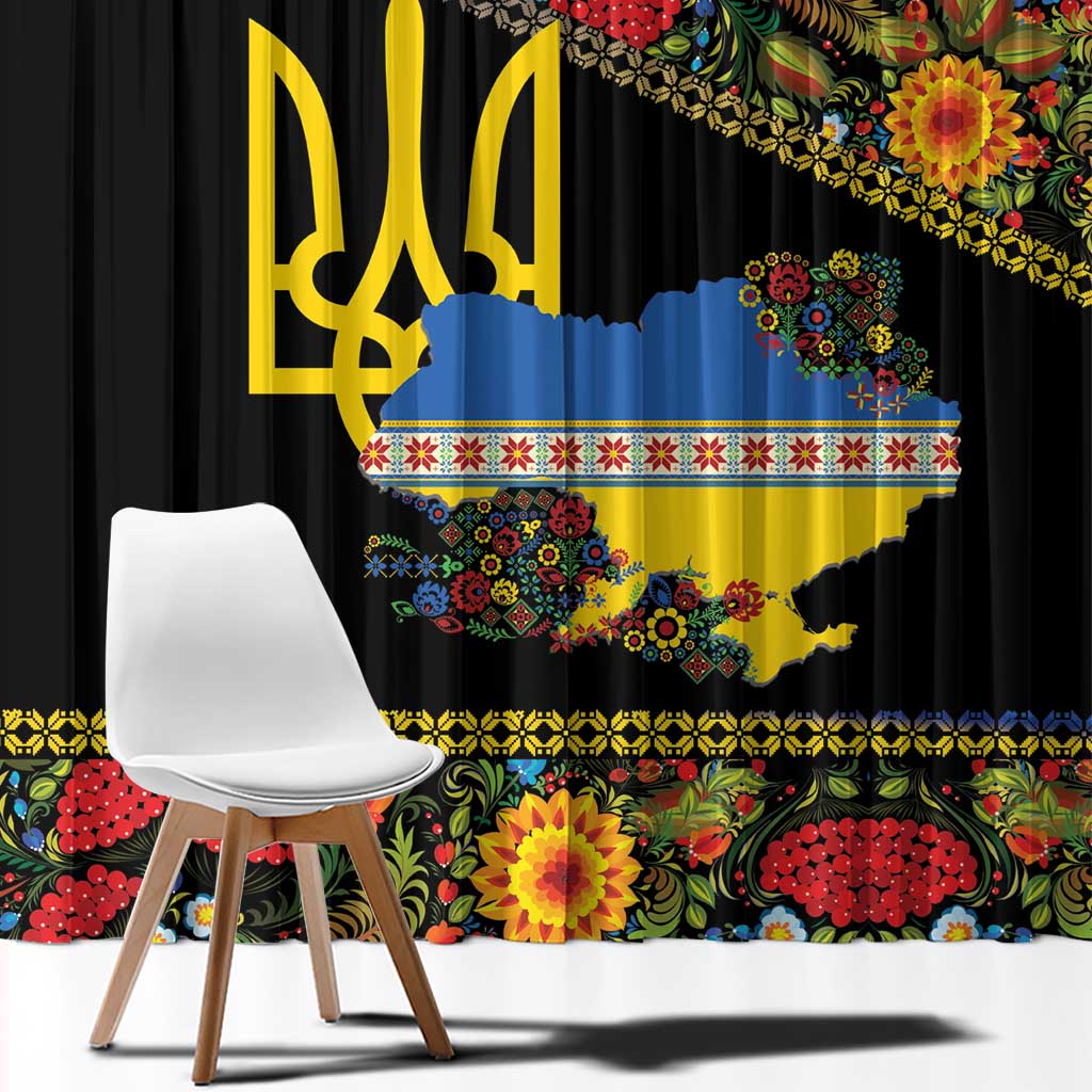 Petrykivka Ukrainian Folk Pattern Window Curtain Golden Trident With Map