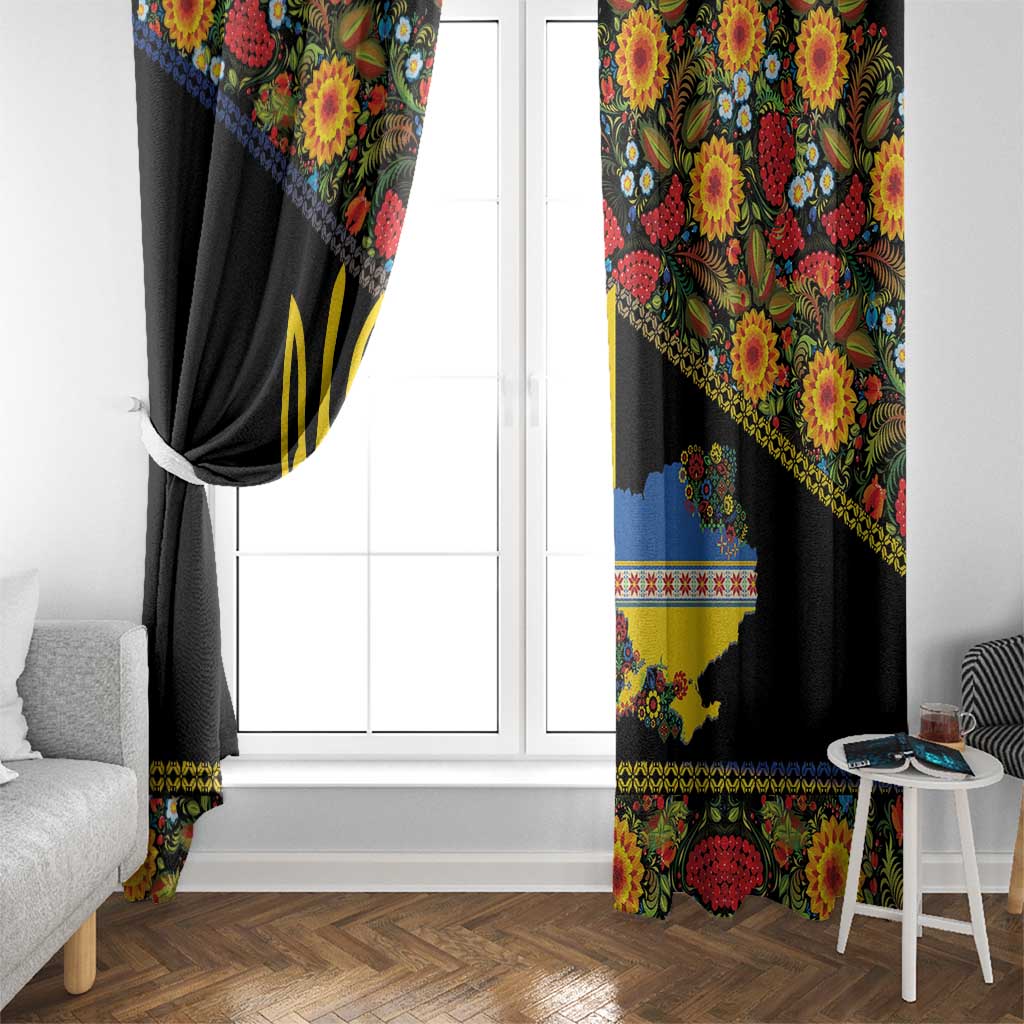 Petrykivka Ukrainian Folk Pattern Window Curtain Golden Trident With Map