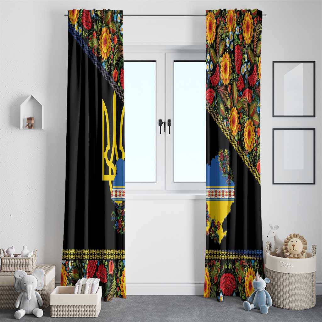 Petrykivka Ukrainian Folk Pattern Window Curtain Golden Trident With Map