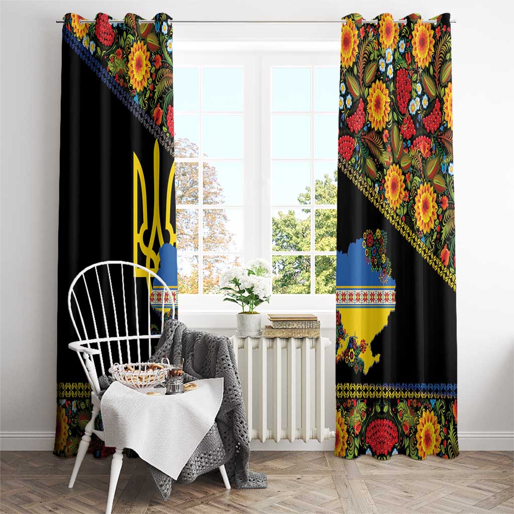Petrykivka Ukrainian Folk Pattern Window Curtain Golden Trident With Map