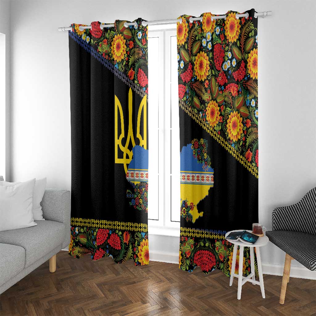 Petrykivka Ukrainian Folk Pattern Window Curtain Golden Trident With Map