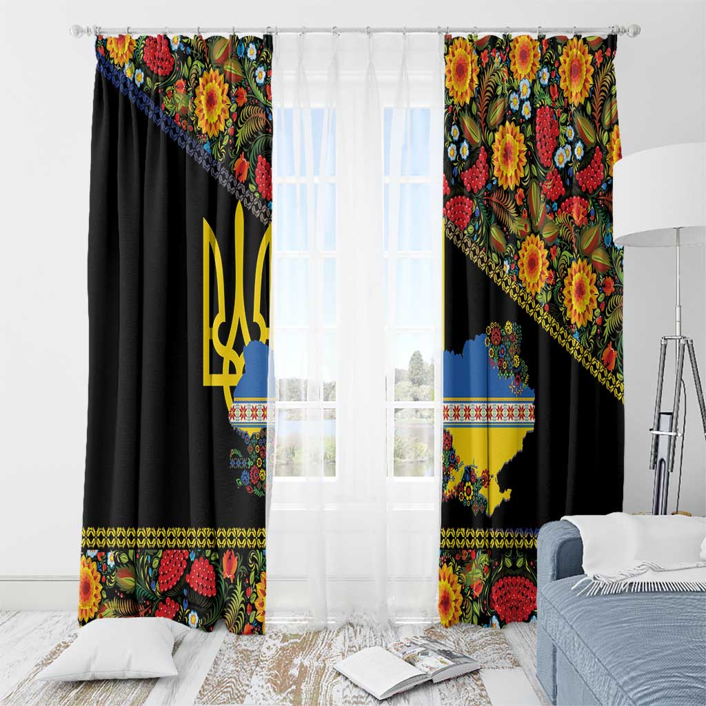 Petrykivka Ukrainian Folk Pattern Window Curtain Golden Trident With Map