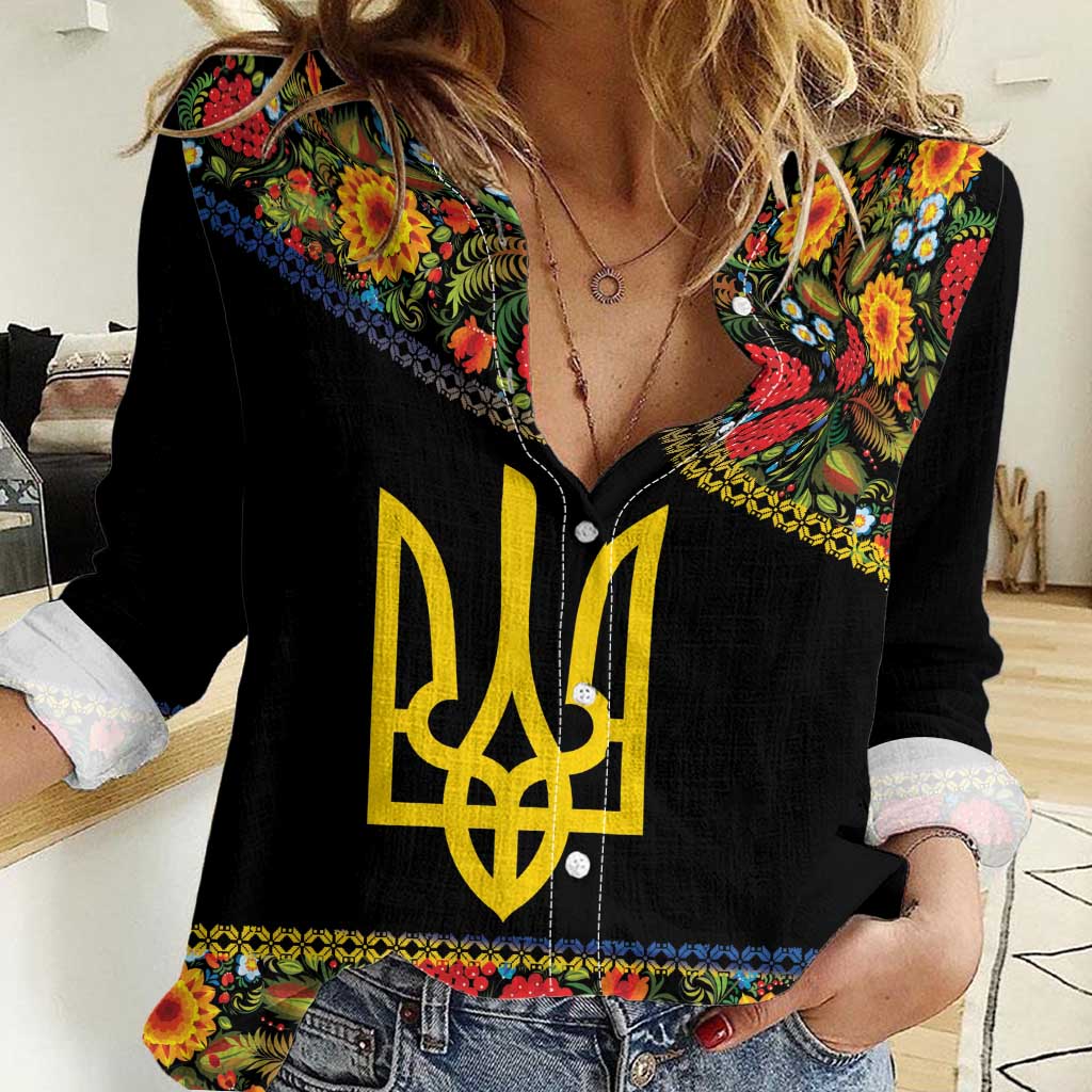 Petrykivka Ukrainian Folk Pattern Women Casual Shirt Golden Trident With Map