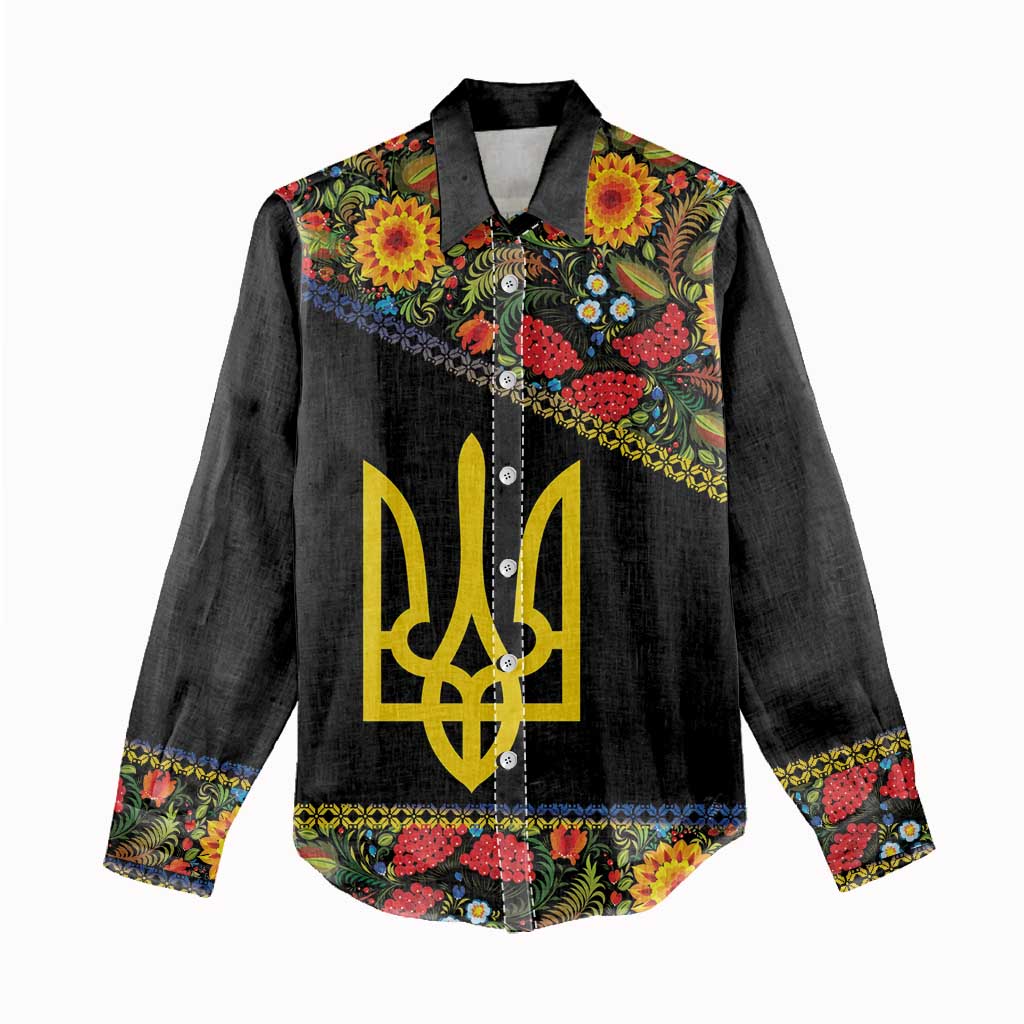 Petrykivka Ukrainian Folk Pattern Women Casual Shirt Golden Trident With Map