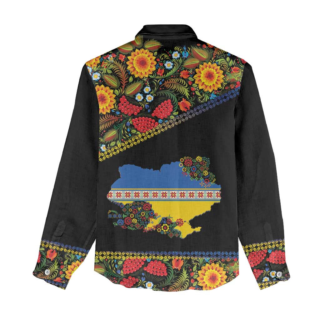 Petrykivka Ukrainian Folk Pattern Women Casual Shirt Golden Trident With Map