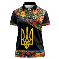 Petrykivka Ukrainian Folk Pattern Women Polo Shirt Golden Trident With Map