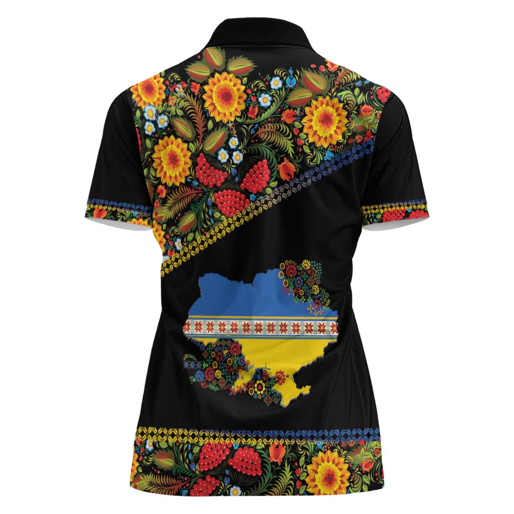 Petrykivka Ukrainian Folk Pattern Women Polo Shirt Golden Trident With Map