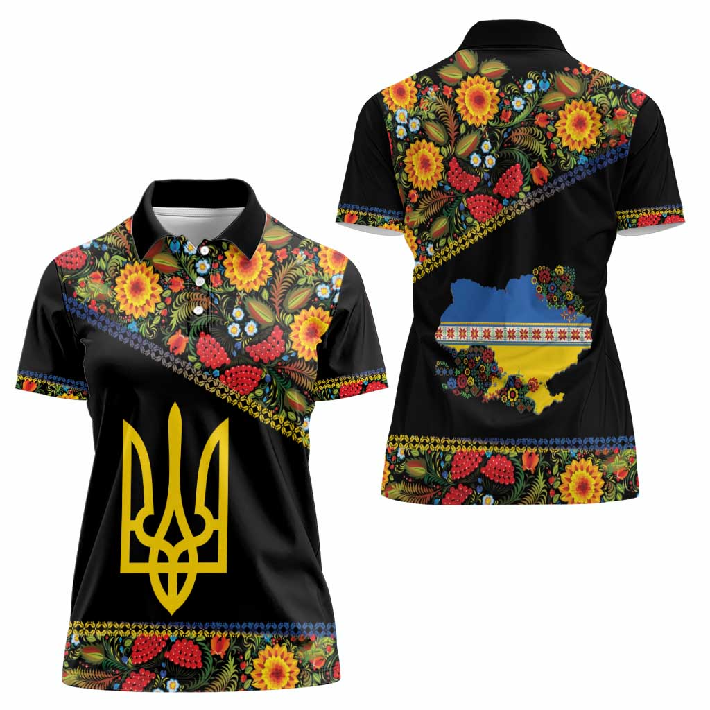 Petrykivka Ukrainian Folk Pattern Women Polo Shirt Golden Trident With Map