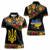 Petrykivka Ukrainian Folk Pattern Women Polo Shirt Golden Trident With Map