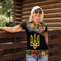 Petrykivka Ukrainian Folk Pattern Women Polo Shirt Golden Trident With Map