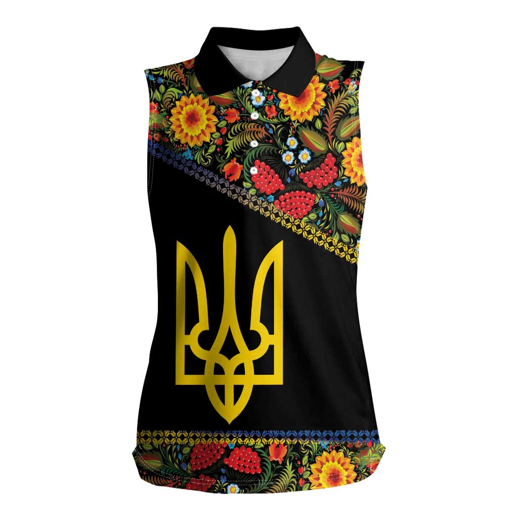 Petrykivka Ukrainian Folk Pattern Women Sleeveless Polo Shirt Golden Trident With Map