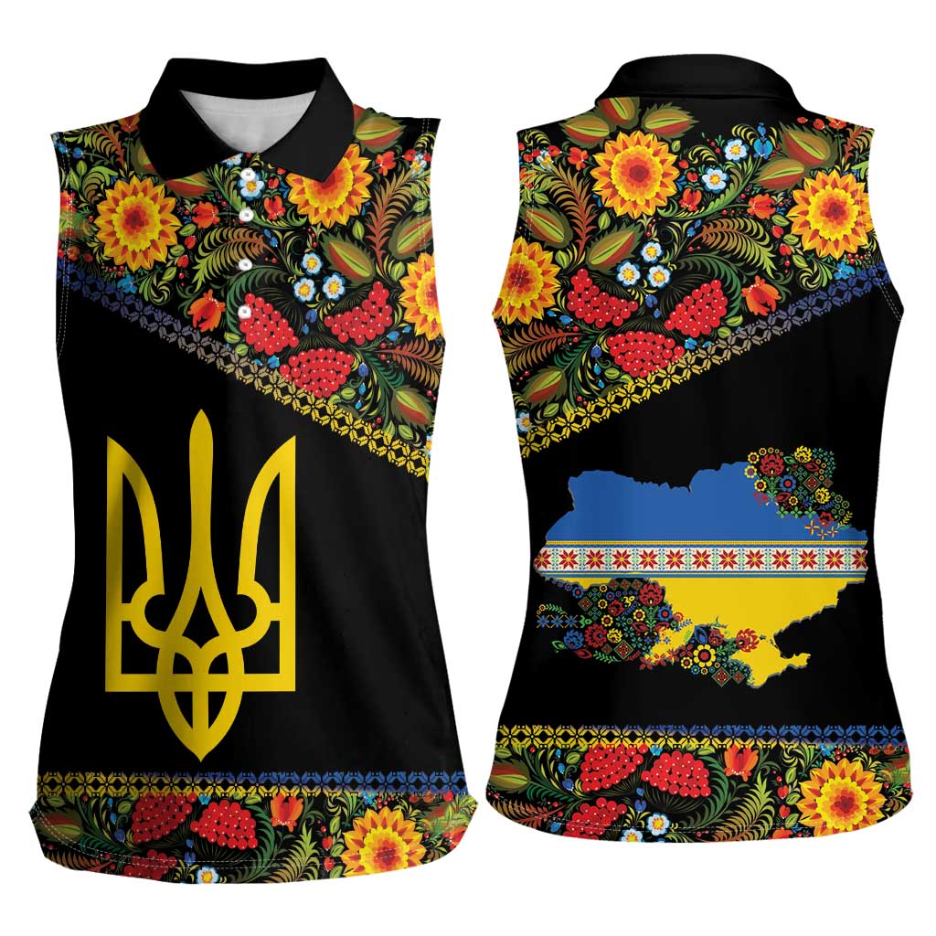 Petrykivka Ukrainian Folk Pattern Women Sleeveless Polo Shirt Golden Trident With Map