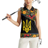 Petrykivka Ukrainian Folk Pattern Women Sleeveless Polo Shirt Golden Trident With Map