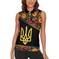 Petrykivka Ukrainian Folk Pattern Women Sleeveless Polo Shirt Golden Trident With Map