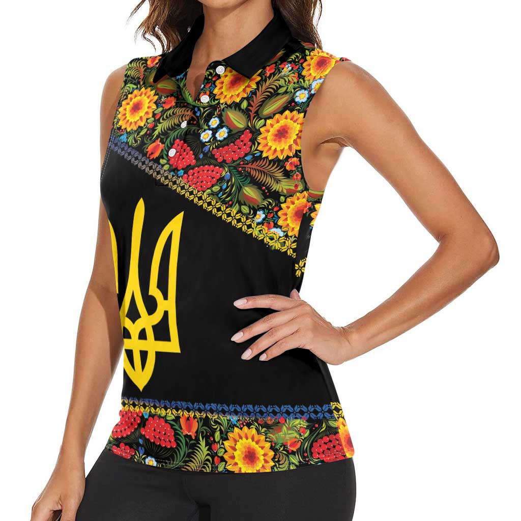Petrykivka Ukrainian Folk Pattern Women Sleeveless Polo Shirt Golden Trident With Map