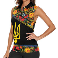 Petrykivka Ukrainian Folk Pattern Women Sleeveless Polo Shirt Golden Trident With Map