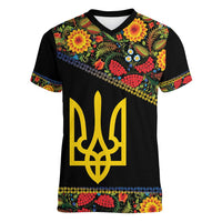Petrykivka Ukrainian Folk Pattern Women V-Neck T-Shirt Golden Trident With Map
