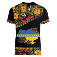 Petrykivka Ukrainian Folk Pattern Women V-Neck T-Shirt Golden Trident With Map